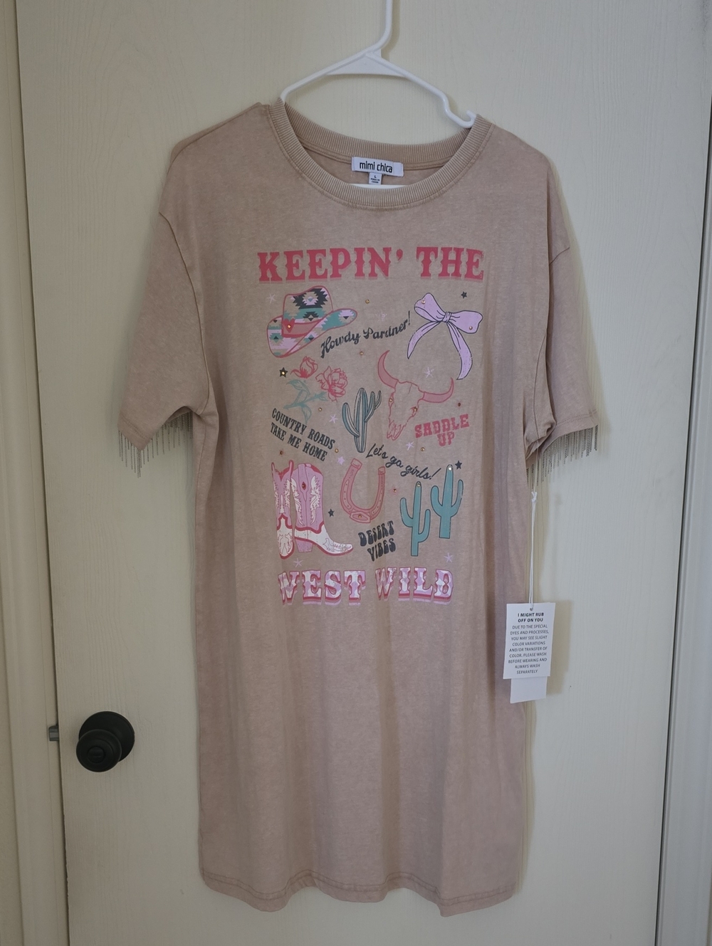 Mimi Chica Tan Graphic Tee with Pink & Teal Western Print
